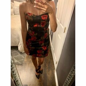 Guess Black & Red Floral Strapless Cocktail Dress